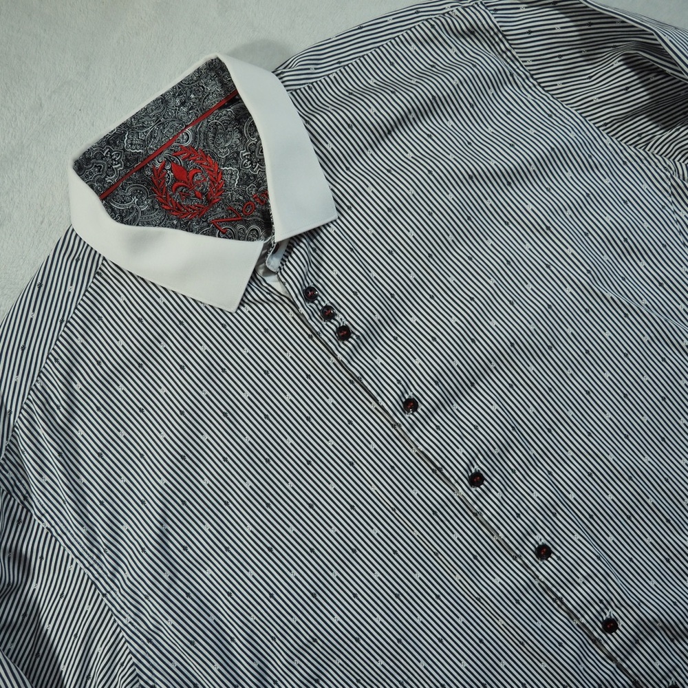 Au Noir Sz 6  Black/White Micro-Striped Dress Shirt Contrasting White Collar